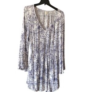 O'Neill Mini Dress‎ Floral Print Long Sleeve V Neck White Blue Size L